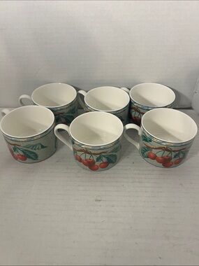 Ceramic Cherry-Print Mugs - Set of 6, Cream & Red Lamour set of 6